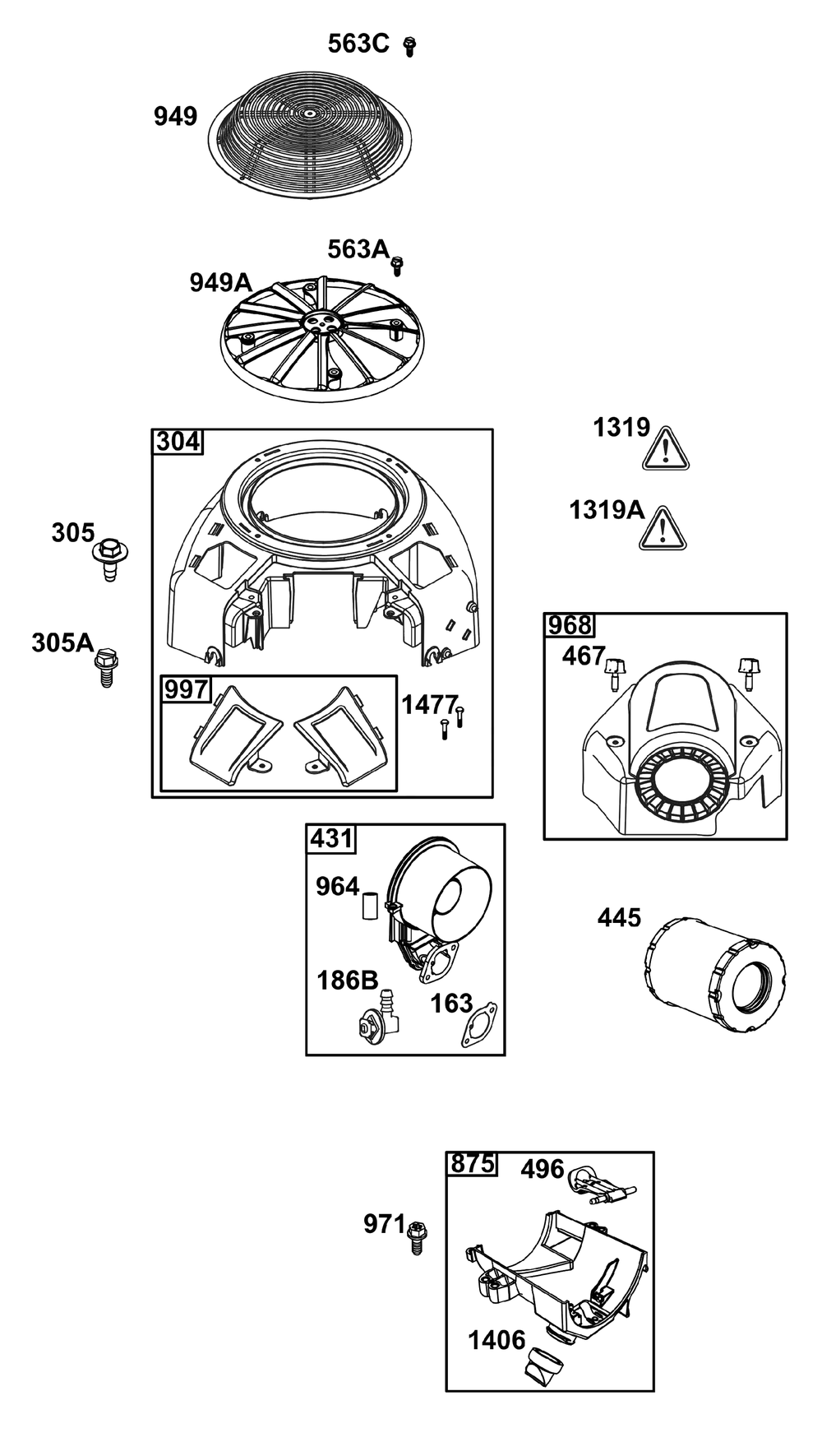 Blower Housing And Air Cleaner Group Diagram and Parts List for 44C877-0003-B5 400000 - 699999 Briggs and Stratton Engine